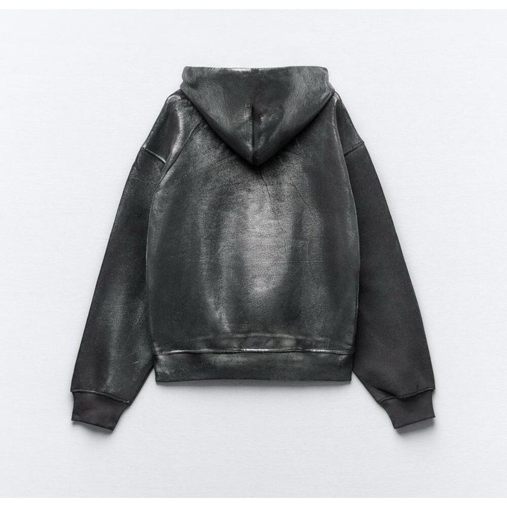 ZARA Womens Girls Metallic Silver Punk Gothic Rock Hoodie‎ Sweatshirt Size S - Picture 2 of 15